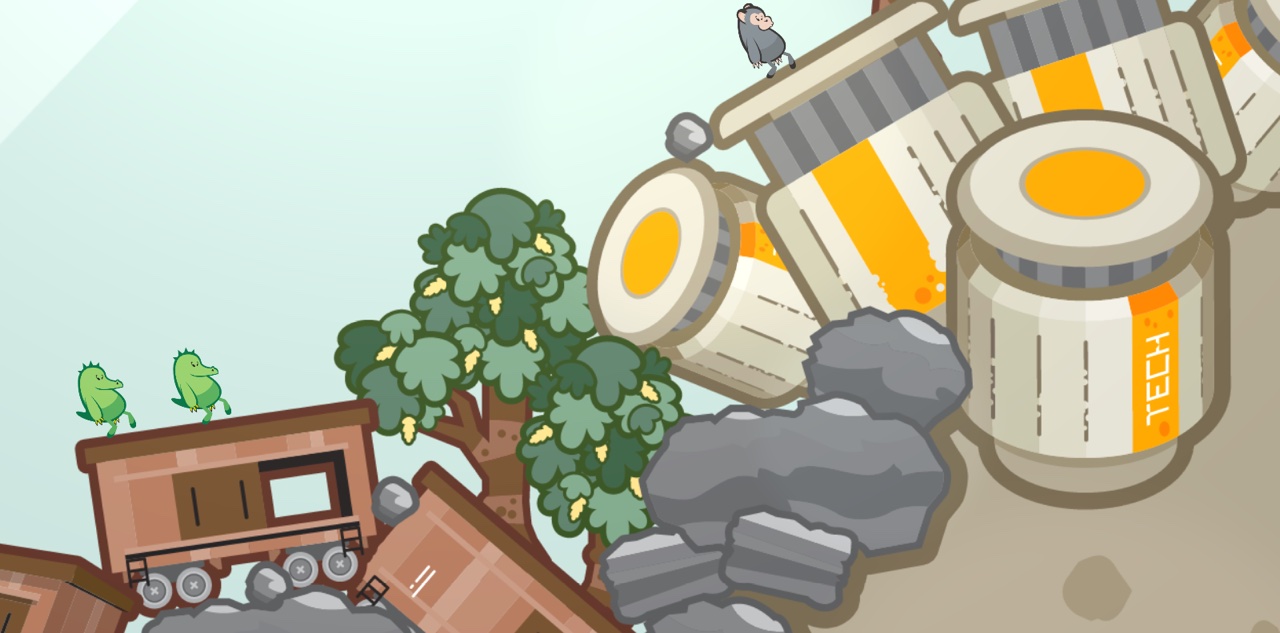 The construction site level: mine carts, rocks and TECH barrels in a valley