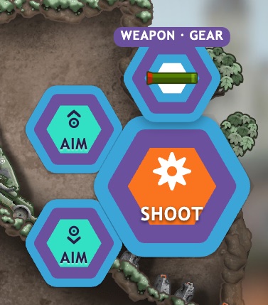 The right thumb's buttons: the big Shoot button, the weapon and gear picker on top, Aim up and down on its left