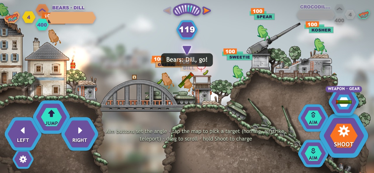 The game on a phone held sideways: left, jump and right bottom left; a big shoot button bottom right with the weapon and gear picker on top and aim up and down on its left