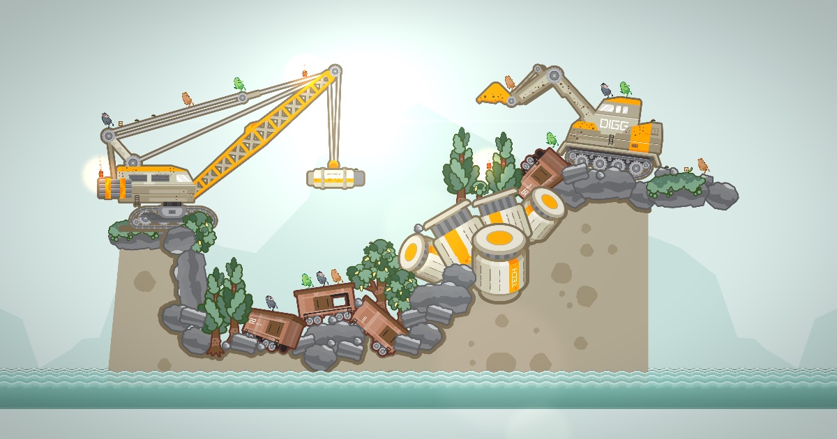 A match on the construction site: a crane, mine carts, TECH barrels and a digger, with jarheads on the crane's arm